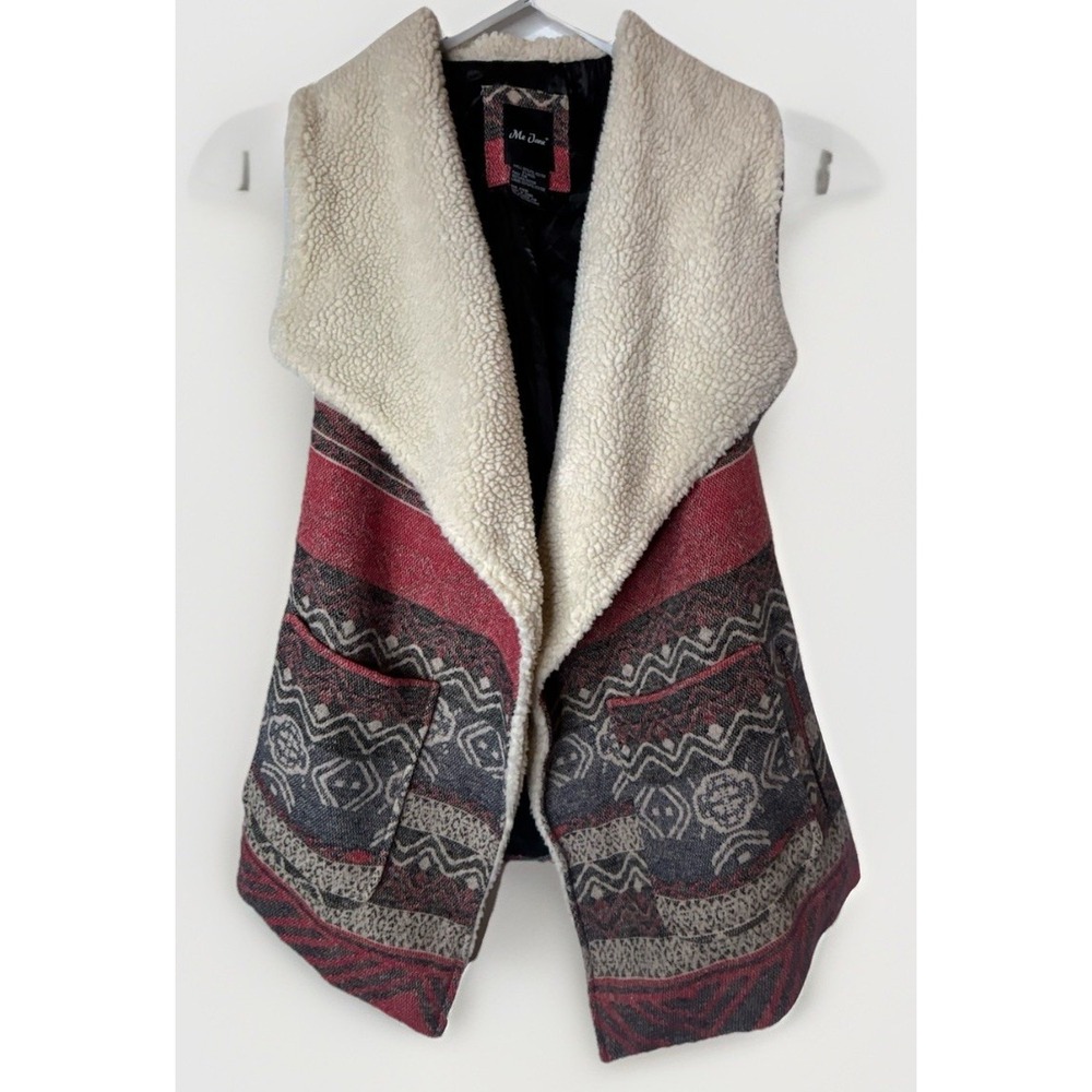Me Jane Southwestern Sherpa Collar Wool Blend Open Front Long Vest Womens Medium